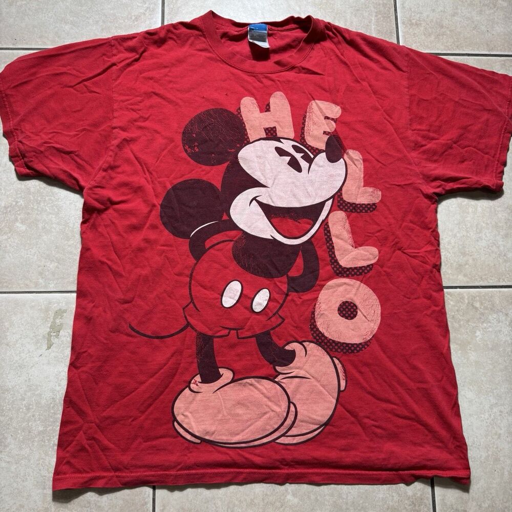 Disney Mickey Mouse Hello Red Graphic T-Shirt XL 100% Cotton Vintage Y2K Graphic